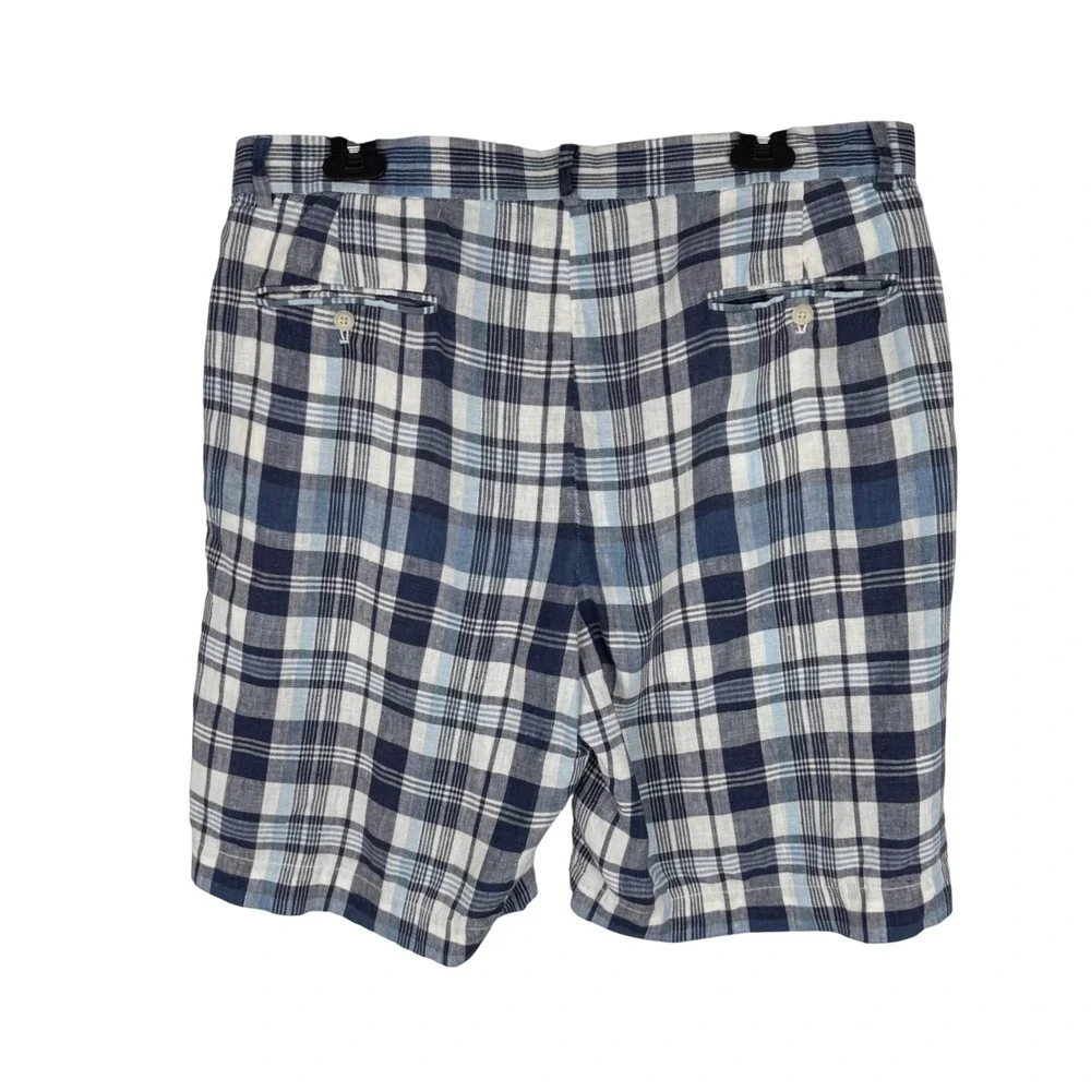 Polo Golf Ralph Lauren Plaid 100% Linen Shorts Mens 36W Blue White Flat Front 9